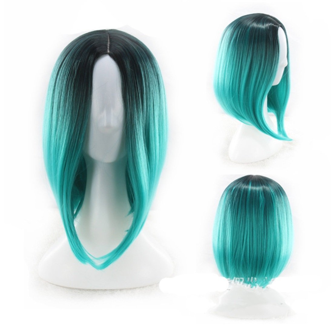 YIFOOPLI Natural Gradient Color Wigs For Women Short Bobo Head Wigs With Middle Bangs Hair Heat Resistant Wigs Length 35cm Fashion Wig ( Color : Dark green gradient )
