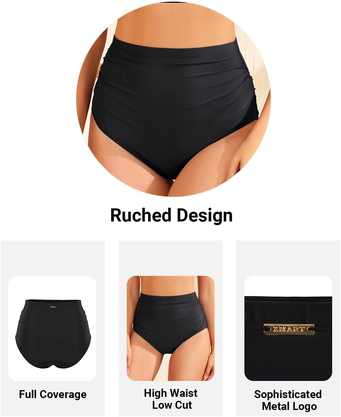 Zmart High Waisted Bikini Bottoms - Women's Full Coverage Ruched Bathing Suit Bottom Low Cut Swimsuit - Image 4