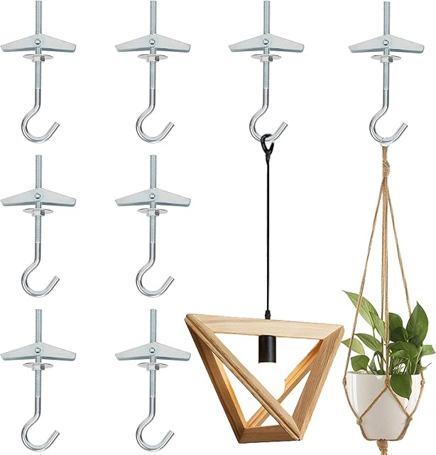 WEDNOK 8 Pcs Wing Spring Toggle Hooks Plasterboard Ceiling Hook M5/95mm Galvanized Steel Mount Hook Fixing Anchors with Threaded Hooks for Drywall Cavity Hollow Wall Board Plank Hanging Plants Lights