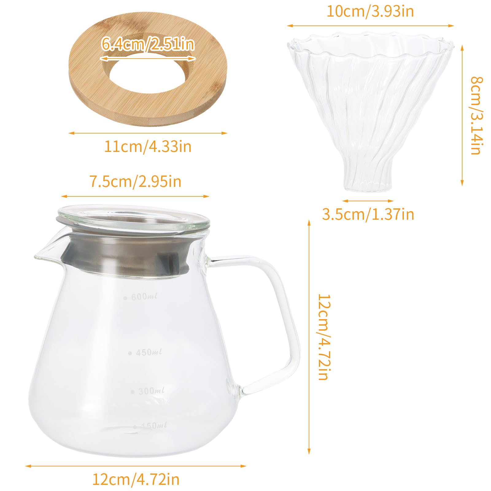 Cafetière Pour-Over en Verre 600ml - Manuelle avec Filtre et Couvercle - Infusée à la Main - Verseuse Transparente
