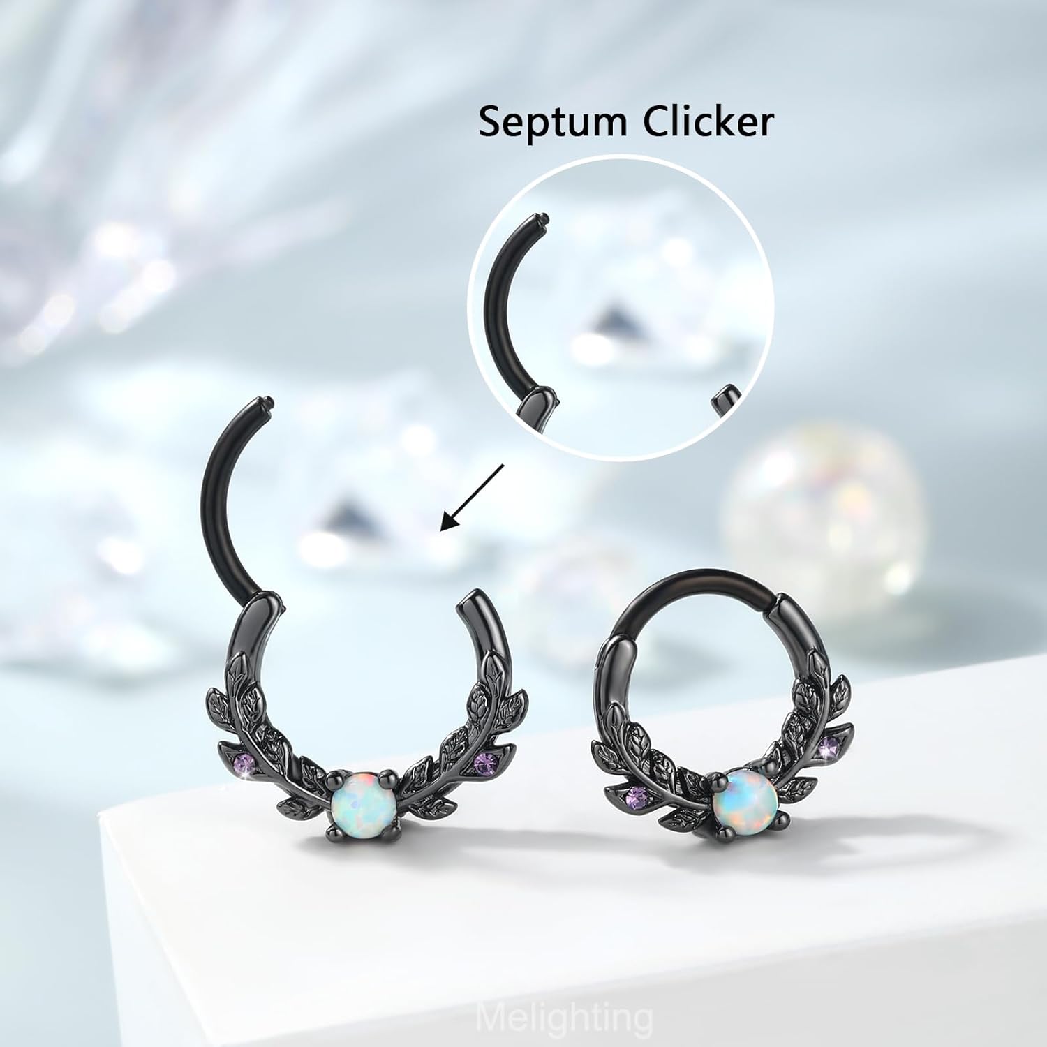 Melighting Opal Septum Ring 16G Vine Septum Jewelry Stainless Steel 316L Septum Piercing 10mm Daith Piercing Jewelry 8mm Conch Helix Earring Cartilage Earring for Women - Image 6