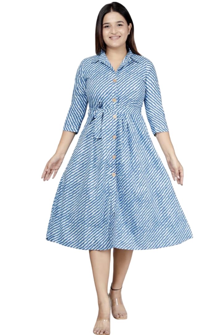 Women's Cotton Leheriya Printed A-Line Midi Dress with Shirt Collar & Waist Belt | Button Front | 3/4 Sleeve Casual Ethnic Western Dress-picture-50