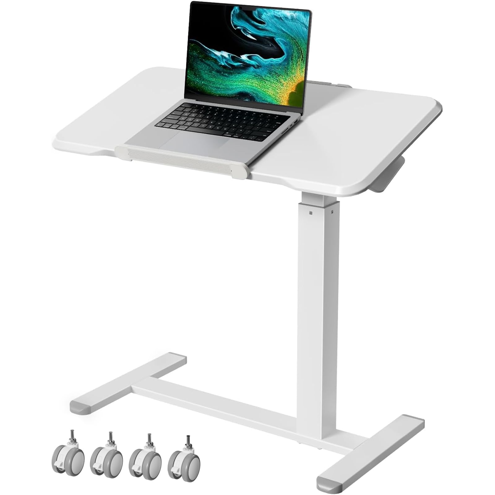 Rolling Laptop Desk, 180° Tiltable Mobile Standing Desk Height Adjustable, Overbed Bedside Table, 32inch Portable Computer Desk with Lockable Wheels, Foldable Cart for Home Office, White