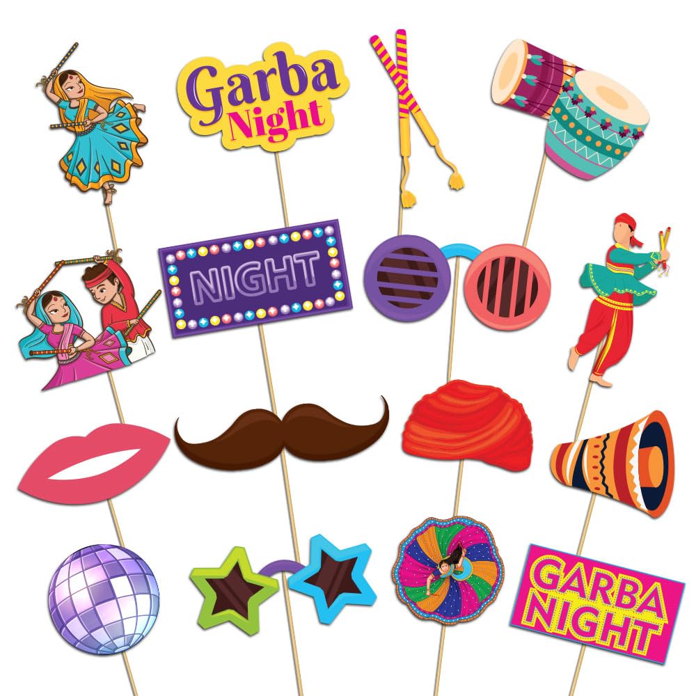 Festiko® Set of 16 Pcs Garba Nights Photobooth Props, Garba Decoration Item, Happy Navratri Decoration