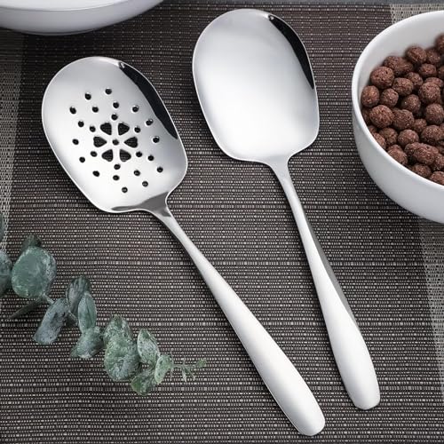 GUYANA 2-Piece Large Serving Spoons 18/8 Stainless Steel Serving Spoon and Slotted Spoon Set with Long Handle 9.8in Mirror Polished Serving Utensils for Buffet Catering Banquet Dishwasher Safe