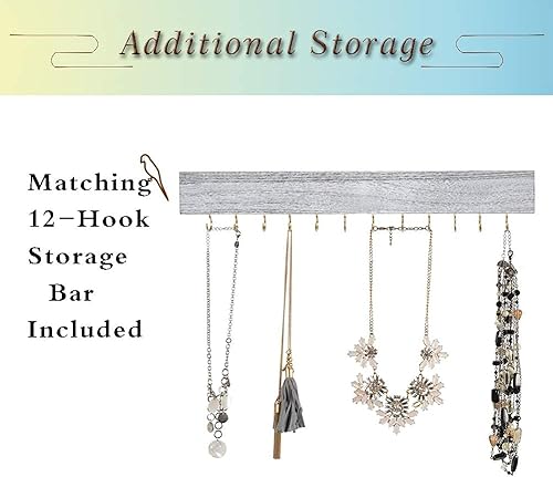 Miniatura 5 de Organizador de joyas rústico montado en la pared con decoración de madera de granero, soporte de pared de madera, soporte de joyería para collares,