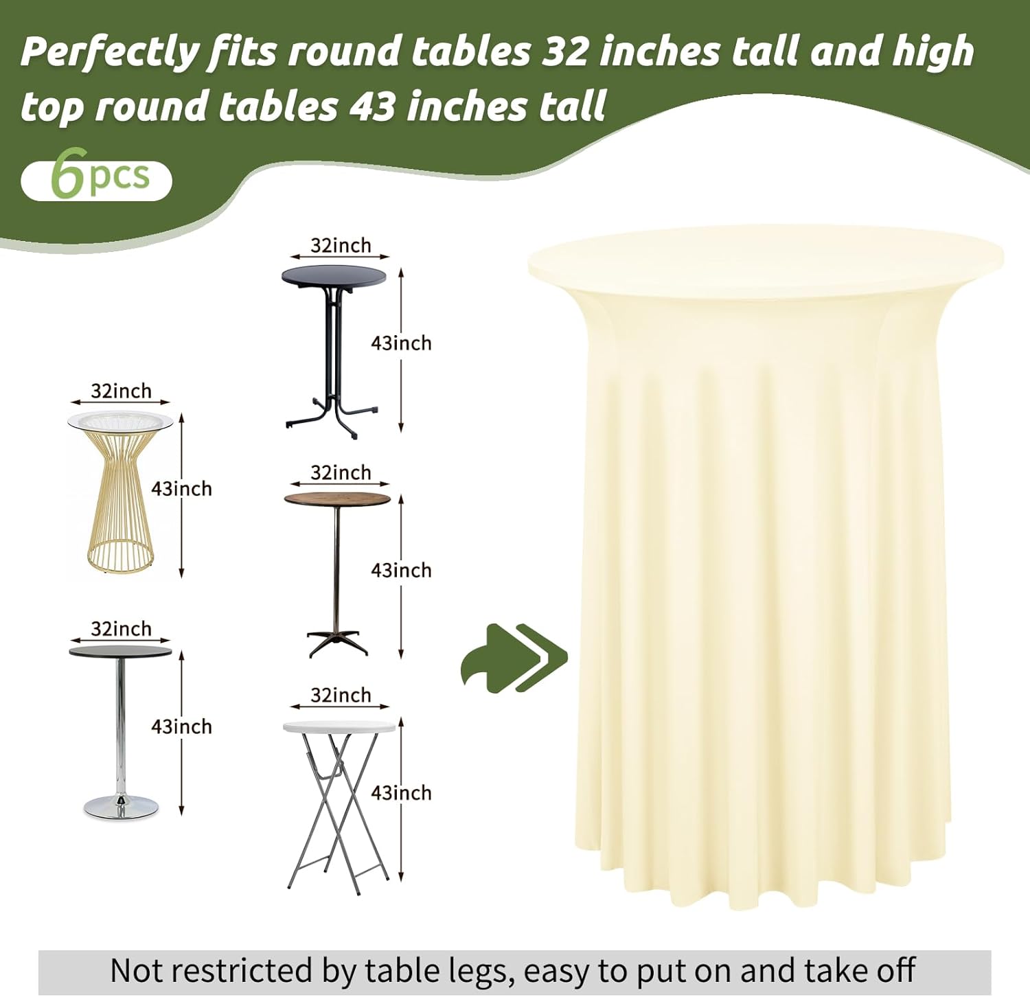 6 Packs Round Cocktail Table Skirt 32"x 43" Spandex Stretch Cocktail Table Cloths with Wavy Skirt, Spandex Fitted High Top Table Covers for Wedding Party Birthday Banquet Table (Beige)