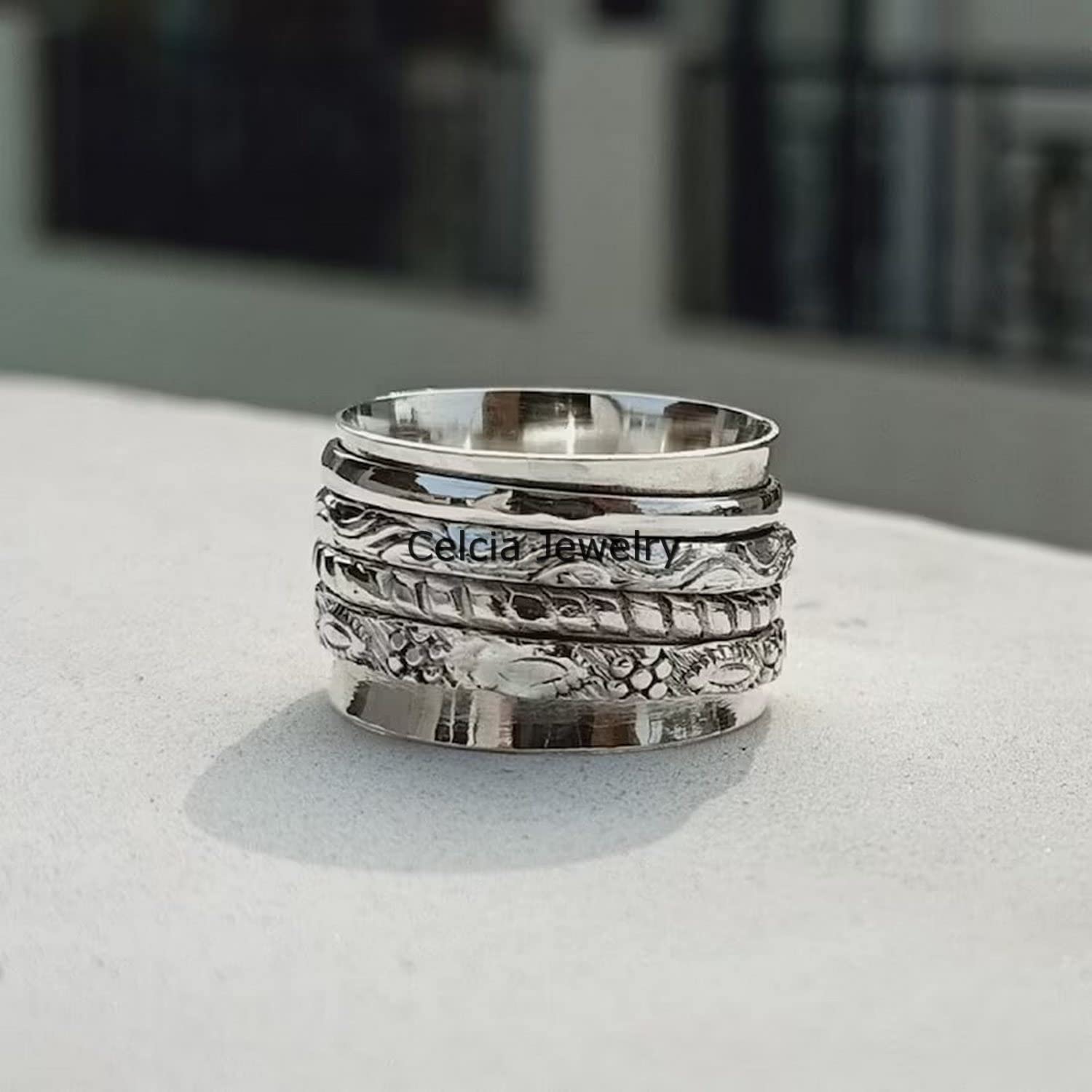 Bijoux de méditation en argent sterling 925 pour femmes et hommes, bague délicate tournante avec bande de pouce (taille USA 7)