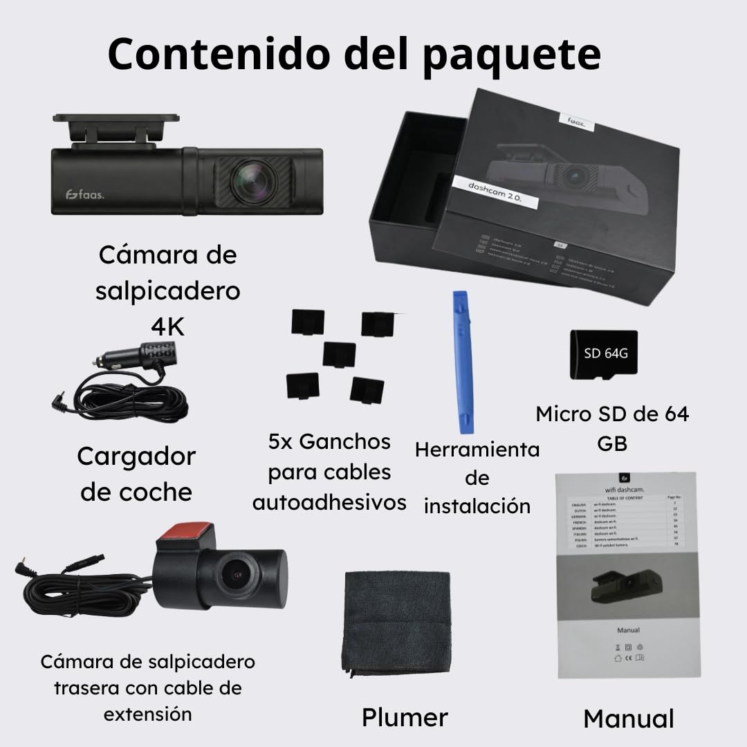 Faas S80 Dash CAM Coche 4K Delantera y Trasera – Cámara para Coche con Tarjeta 64GB Incluida, WiFi, Visión Nocturna, G-Sensor, Modo Parking & Gran Angular 160°