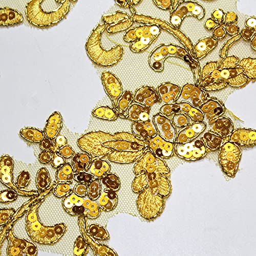 SUNMOVE Pair of Embroidery Sequin Lace Applique Sewing Flower Fabric Collar Patch Motif Wedding Gown Dress Bridal DIY Crafts （Gold） by SUNMOVE - Image 3