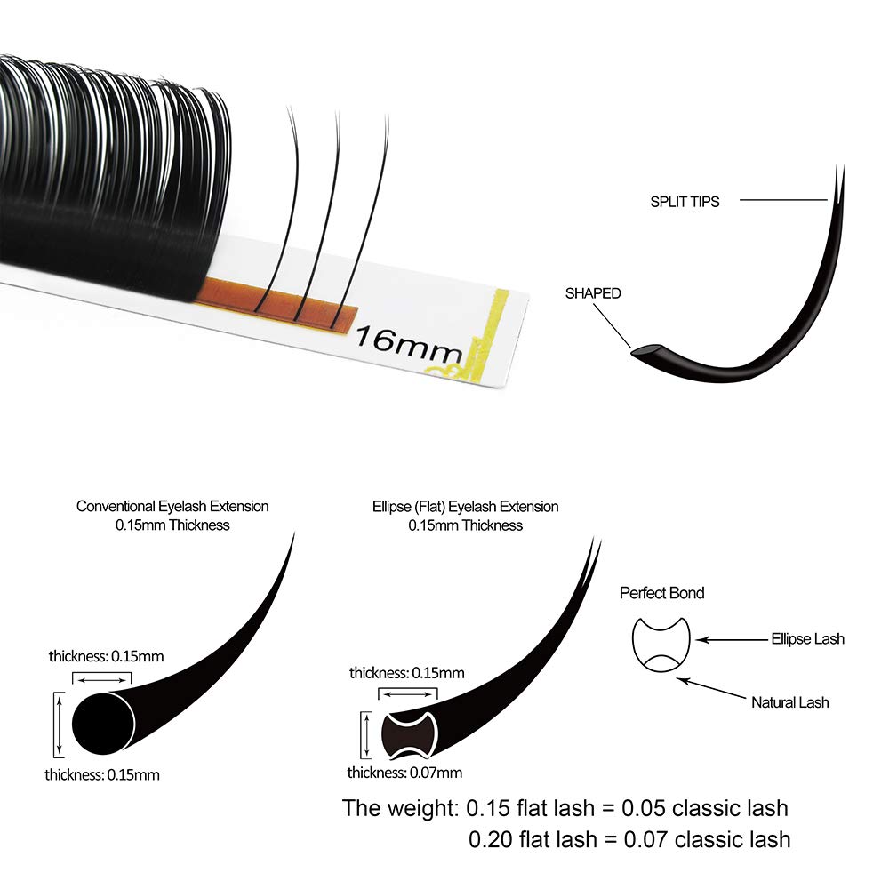 Flat lashes 0.15 0.20 Ellipse Flat Lashes C CC D DD Curl Flat lash extensions Matte BlacK Eyelash Extensions 9-16 MIX (CC-0.15, 9-16 MIX)