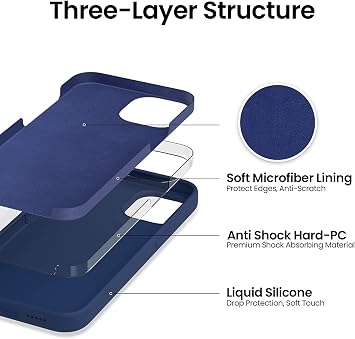 URUCHI iPhone 14 Plus / 15 Plus ile Uyumlu Kılıf, İçi Kadife Kaplamalı İnce Sıvı Silikon Tam Koruma Yumuşak Jel Silikon Kapak, Lacivert