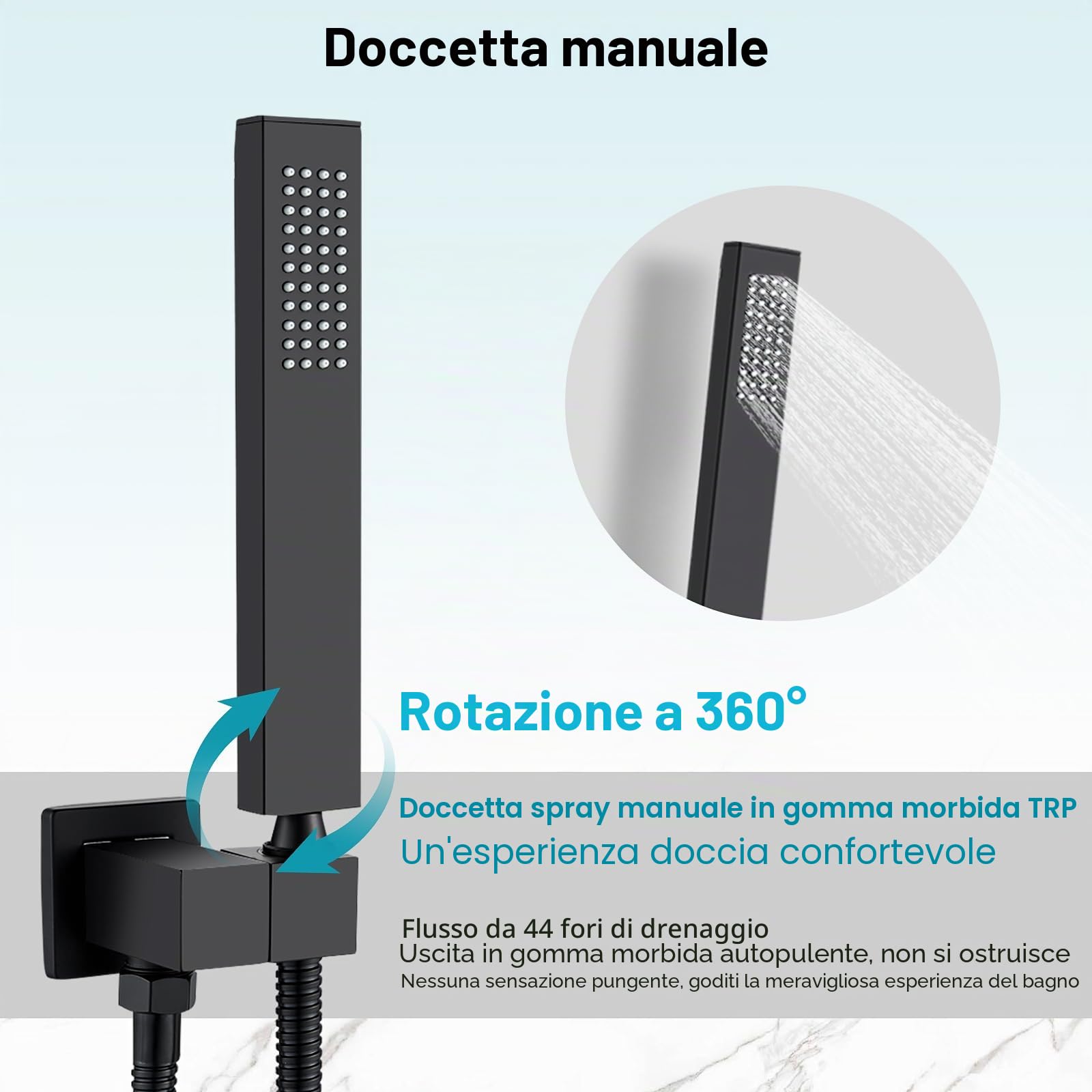 Sistema Doccia Set Doccia Completo Nero Opaco, Sistema Soffione a Pioggia con Miscelatore Incasso, Soffione Doccia a Parete 25x25cm Incluso Doccetta e Kit di Rifinitura Quadrato