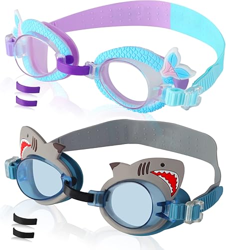 Miniatura 12 de Paquete de 2 gafas de natación para niños, sin fugas, antiniebla, impermeables, ajustables, para niños de 2 a 14 años Soca de tiburón y piel,Cola de
