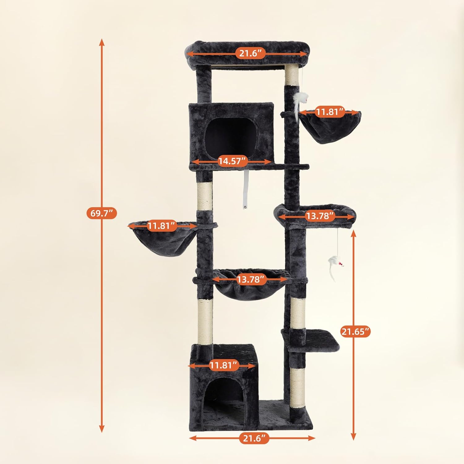 69.7-inch (177cm) Multi-Level Cat Tree with 2 Perches, 2 Condos, 2 Hammocks, Basket & Toy for Indoor Cat Activities (Grey)