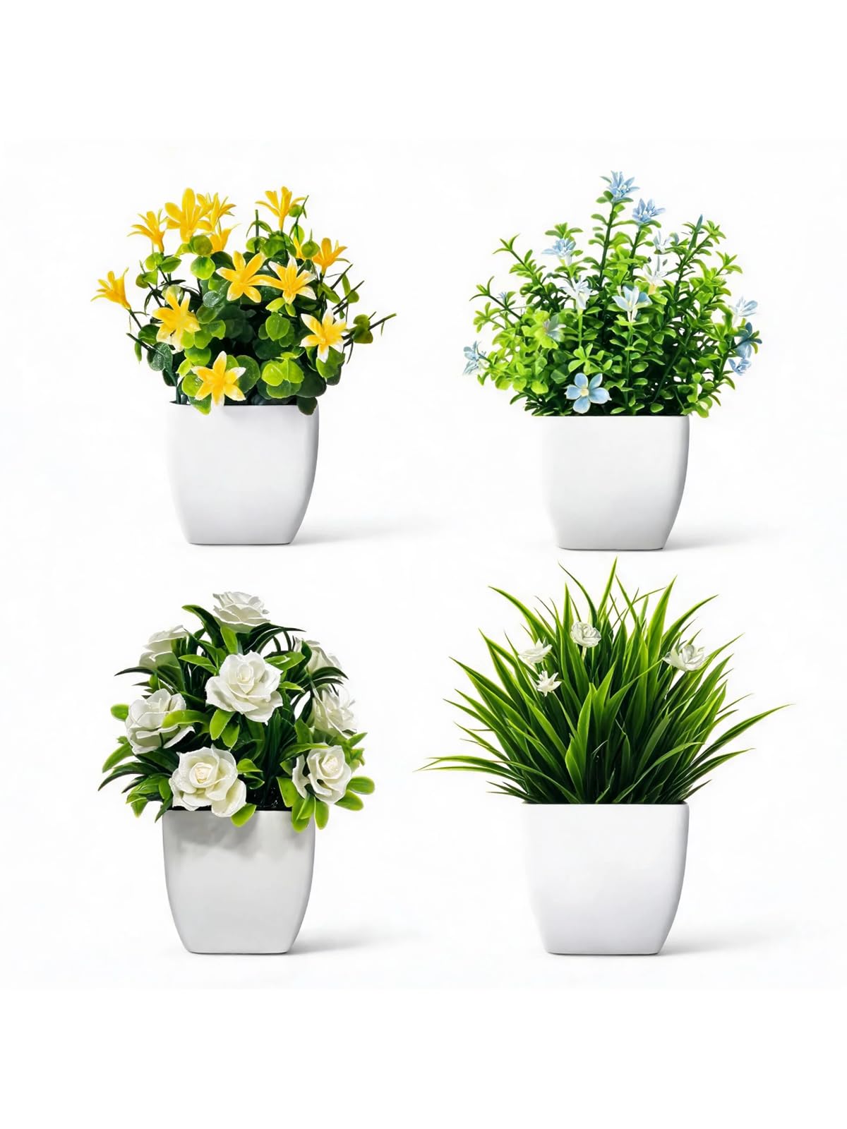 HAIYIPEIZENG 4 Pack Fake Plants Small Artificial Faux Greenery with Flower Plants,Plastic Artificial Plants for Indoor & Outdoor Decor, Living Room, Office, Desk, Garden Home Bathroom Pots