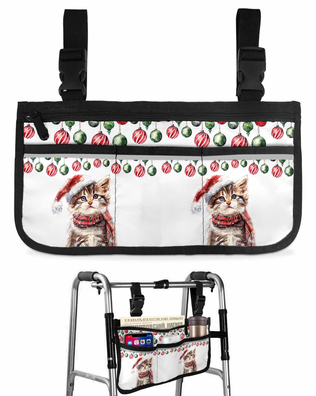 Christmas Wheelchair Side Storage Bag Watercolor Cute Cat Red Green Balls Armrest Pouch with Cup Holder and Reflective Strip Wheelchair Accessories Organizer Bags for Walkers Rollator