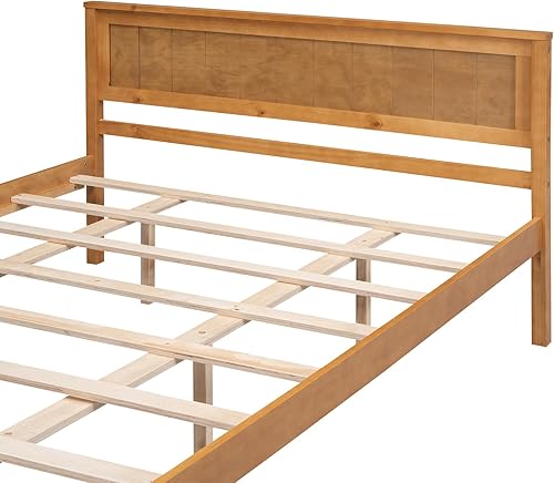 Miniatura 19 de P PURLOVE Base de cama de tamaño matrimonial, cama de plataforma de madera maciza con cabecero, no necesita somier, color blanco