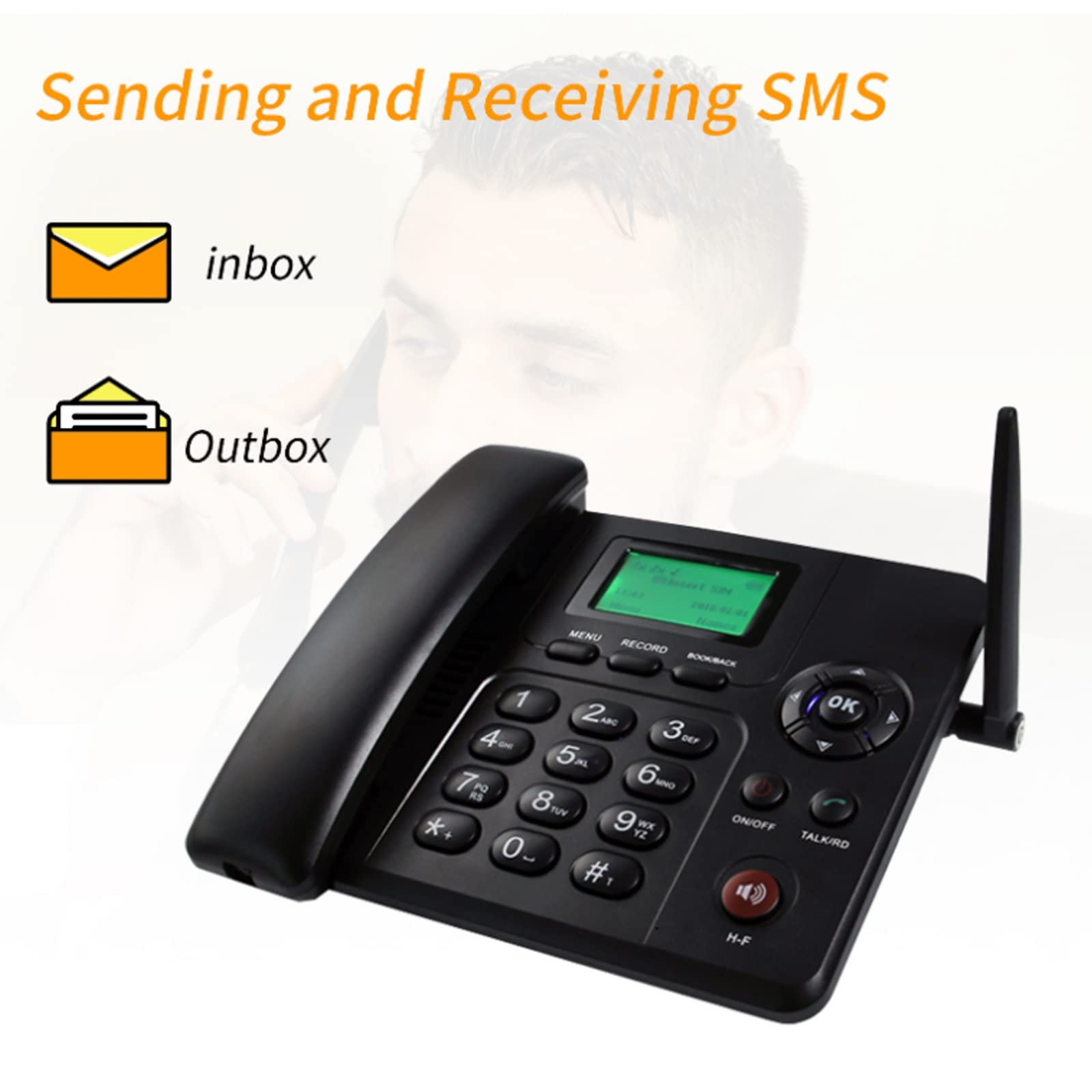 Telefono da scrivania wireless Quad Band GSM con slot per scheda SIM, più lingue, ricomposizione, vivavoce, SMS, funzioni radio, telefono da tavolo nero