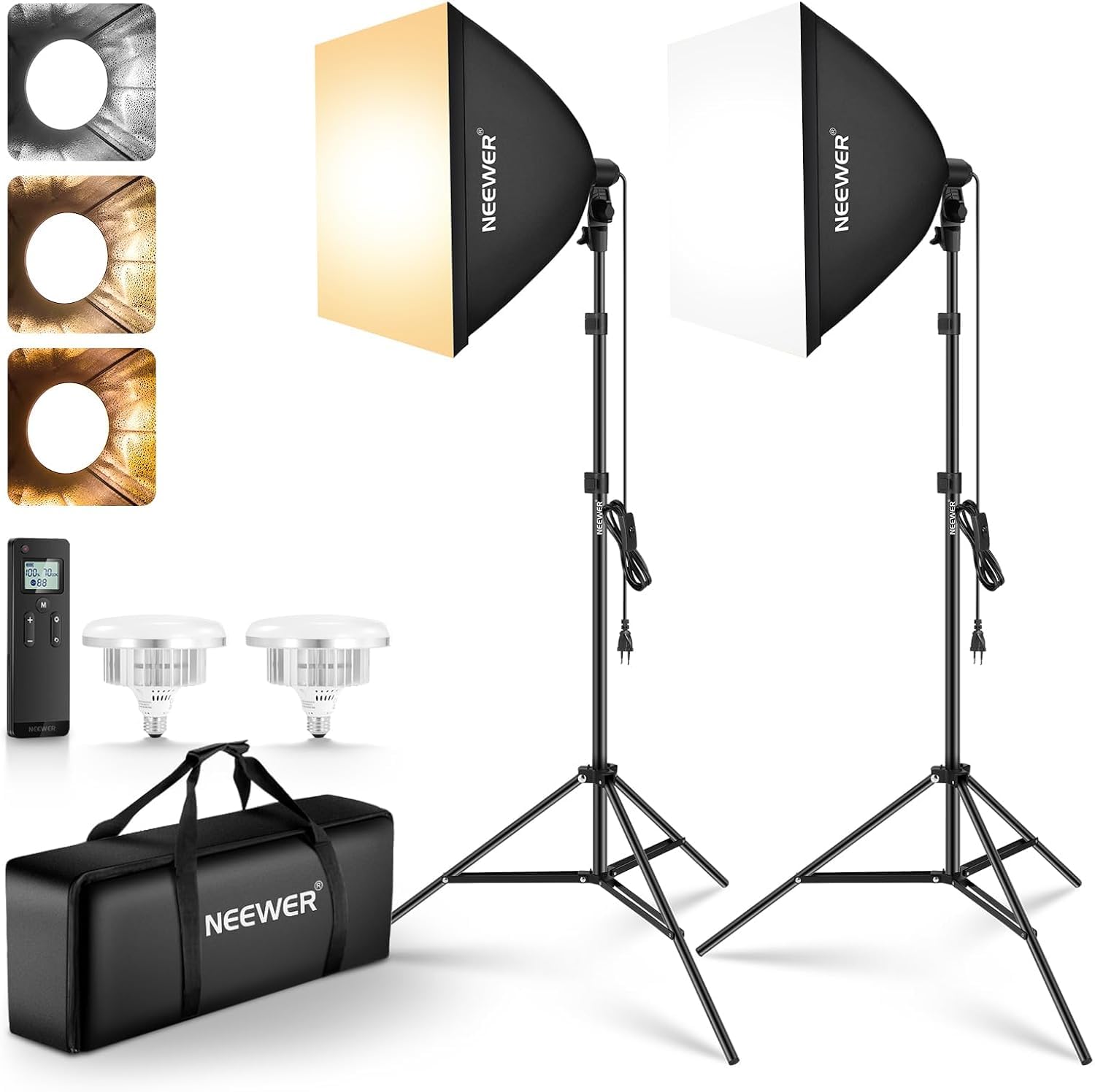NEEWER 24" x 24" Softbox zestaw oświetleniowy ze stojakiem na statyw, 2 sztuki, 45 W, dwukolorowe żarówki LED 2,4 G, 10 kanałów, 2900 K-7000 K, 1400 lux/m, CRI95, pilot zdalnego sterowania 20 m