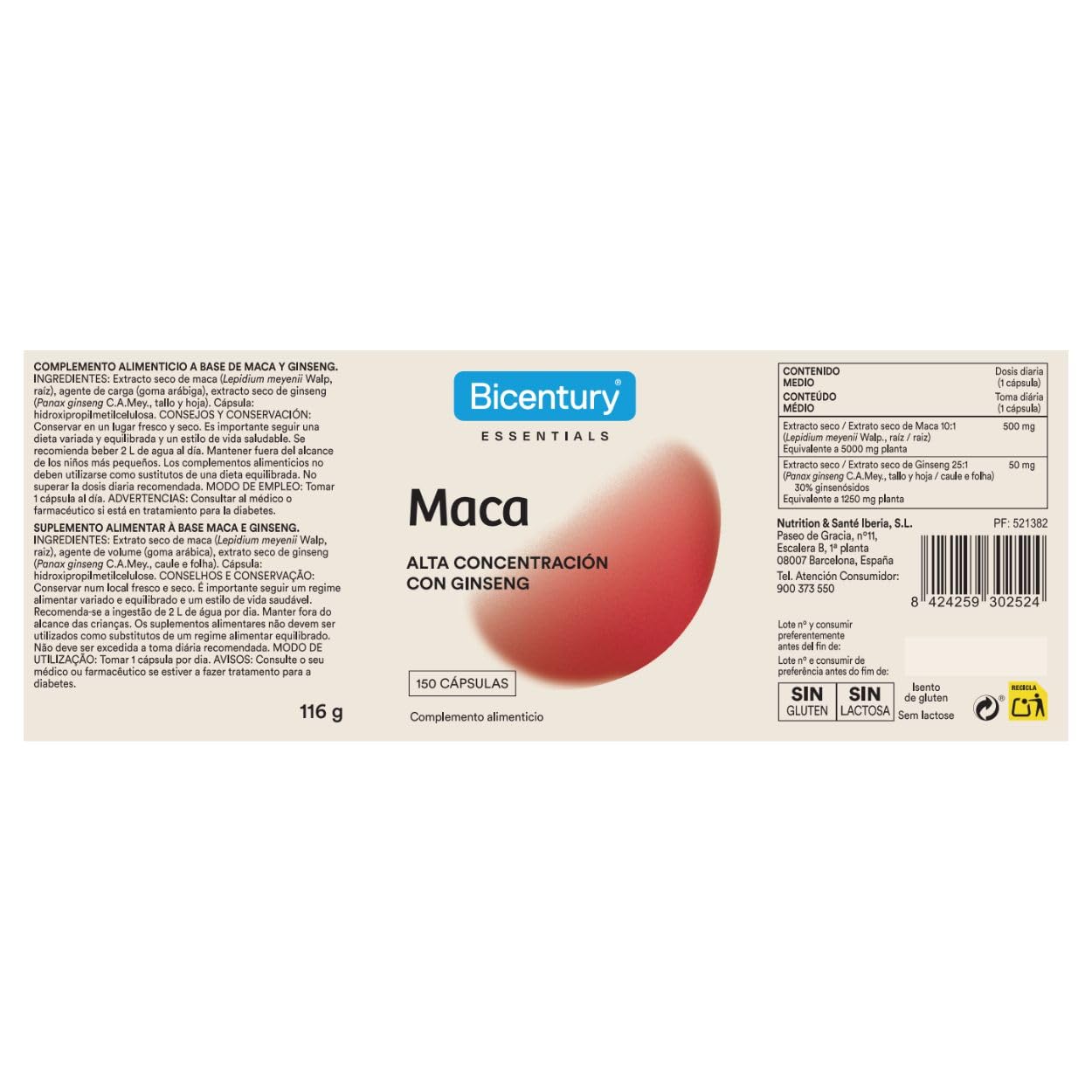 Bicentury Maca – Complemento alimenticio Energizante con 5000mg de Maca y 1250mg de Ginseng – 150 Cápsulas, 1 cápsula al día, Sin Gluten ni Lactosa, Vegano