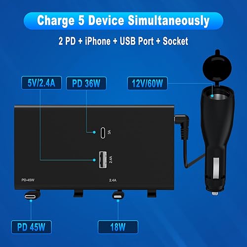 Miniatura 2 de Multi Car Retractable Backseat Car Charger 5 en 1 Estación de carga de coche Caja para iPhoneSamsung, adaptador de encendedor de cigarrillos de 60 W