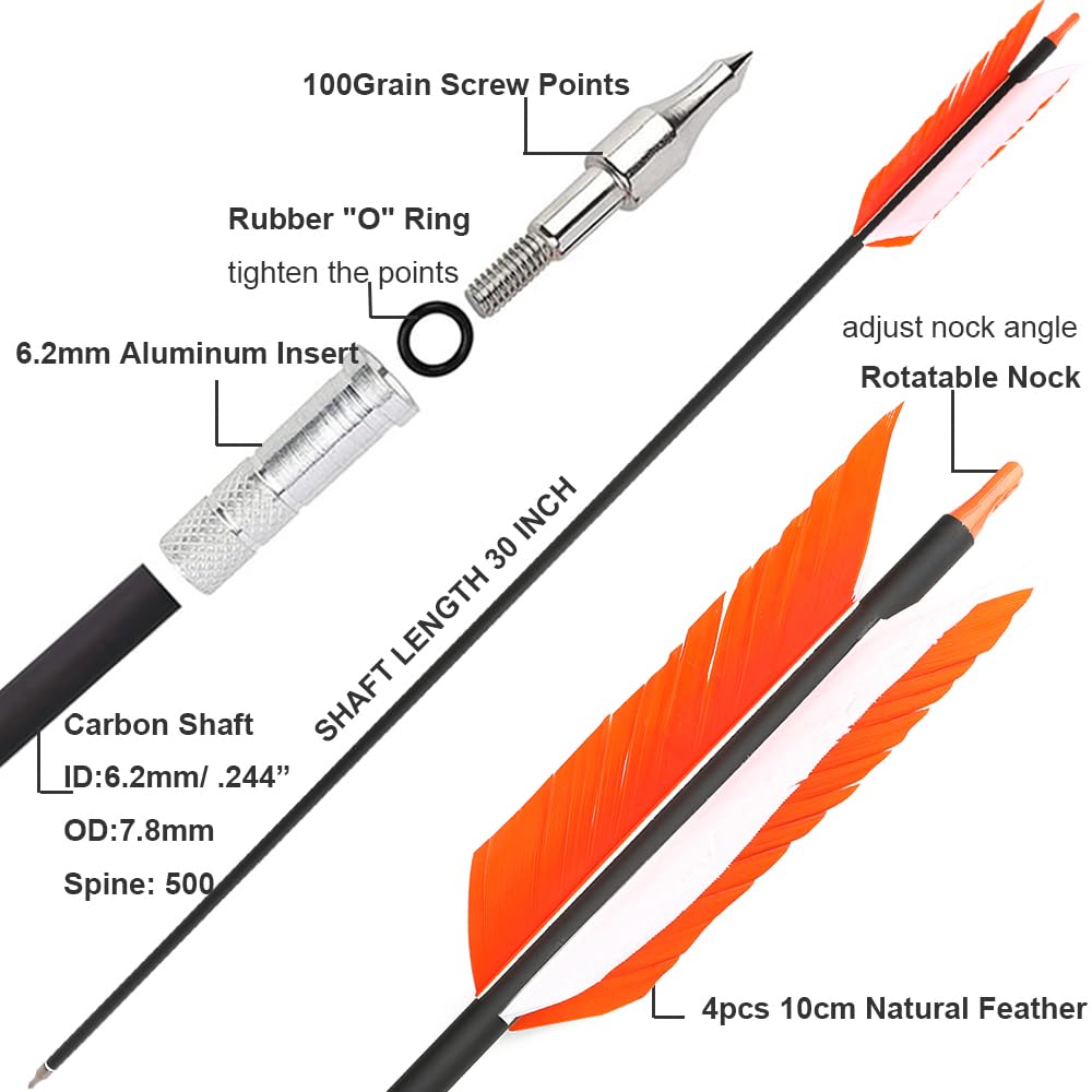 wolfman 12 Stück 30 Zoll Carbonpfeil 500 Spine mit 4 Zoll Truthahnfedern,Flu-Flu Jagdpfeile für Recurvebogen Compoundbogen Jagd & Training