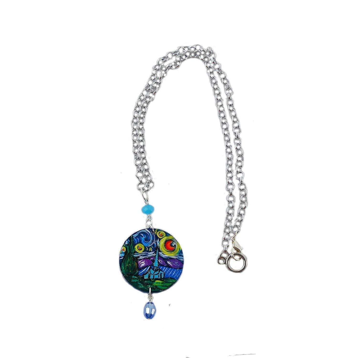 Collar con colgante pintado a mano – La noche estrellada, cuadro famoso – Collar con colgante pintado a mano, medallón de madera pintado a mano, joya elegante en madera totalmente pintada