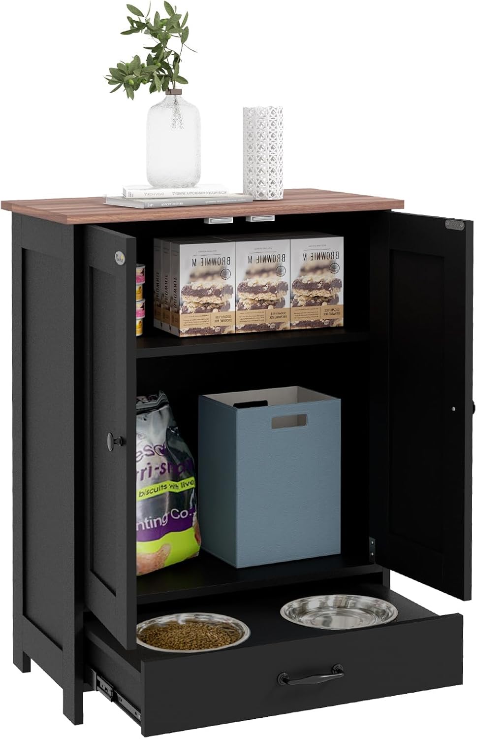 Dog Feeding Station, Dog Food Storage Cabinet with Hidden Dog Bowls, Adjustable Panel, Hooks for Medium Sized Dogs, Black