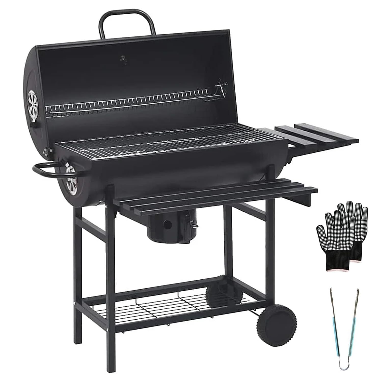 Barbecue A Carbone Con Coperchio Termometro Integrato Grill BBQ In Acciaio Con Ruote Ripiani E Ventilazione Regolabile Pinza E Guanti Ideale Per Giardino Terrazzo E Balcone 112 x 63.5 x 97 Cm Nero