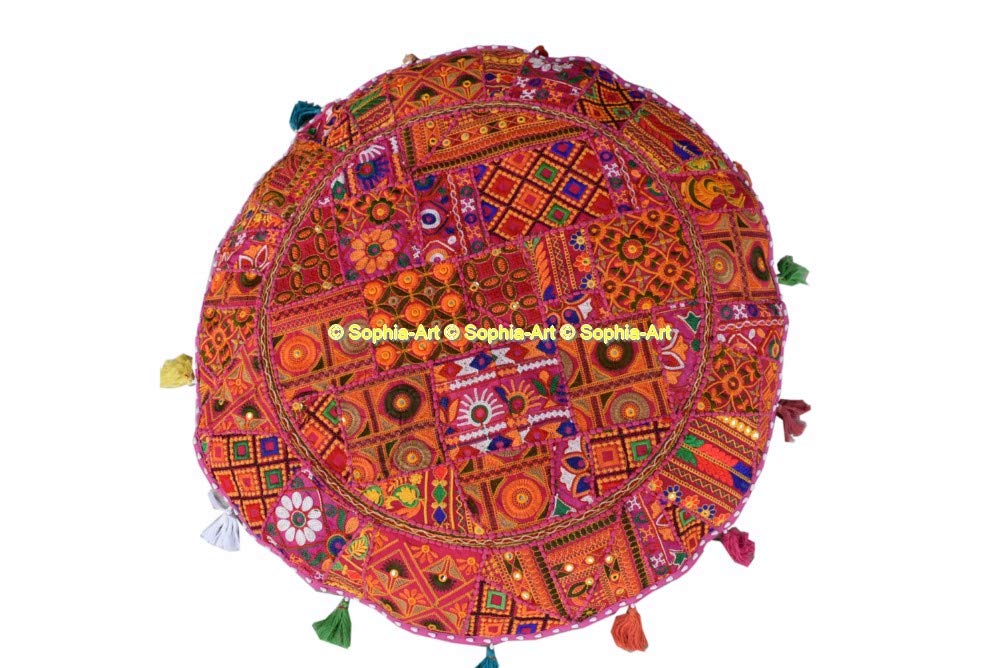 Sophia Art Round Floor Pillow Cushion Patchwork Pouf Ottoman Vintage Indian Foot Stool Bean Bag Floor Pillow Cover Home Decor Living Room Ottoman Bohemain Pillows (Pink Rajkoti, 32 Inch)