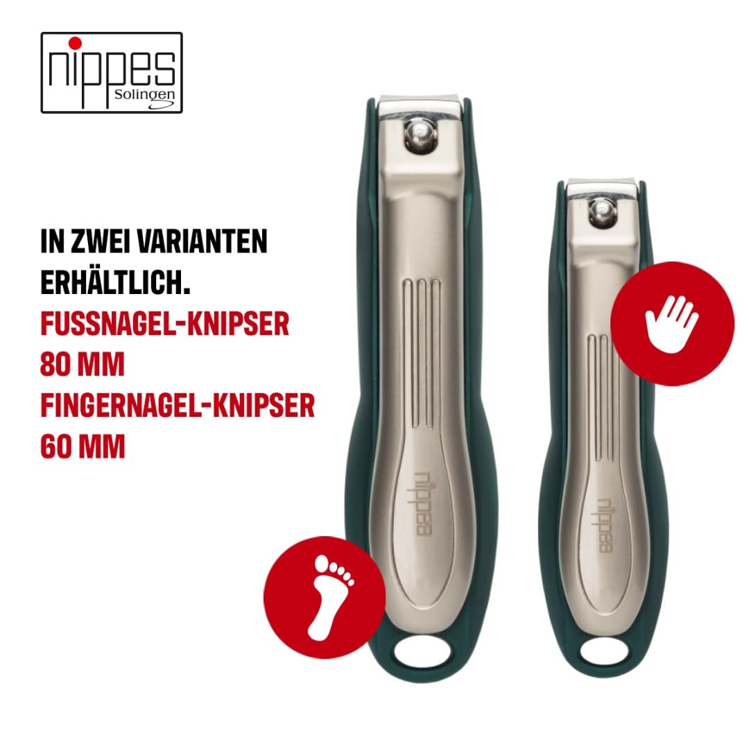 nippes Solingen Premium obcinacz do paznokci z uchwytem | Zielony | Obcinacz do paznokci 60 mm | Hartowana stal | Wygięte ostrza | Ergonomiczna powierzchnia uchwytu Soft-Touch