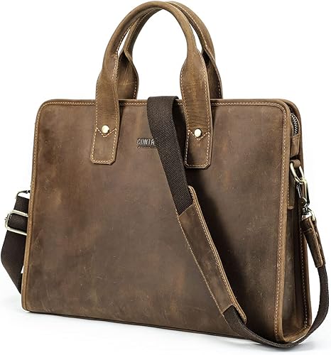 Contacts Genuine Leather Briefcase for Men 14" Laptop Bag Crazy Horse Leather Messenger Bag Satchel Handbag