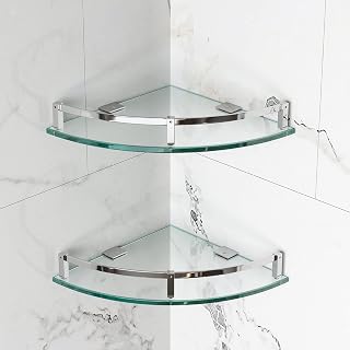 WAKLOND Bathroom Shelves, Glass Shelf Wall Mounted Tempered Glass Corner Shower Shelf with 304 Stainless Steel Rail Glass Shelf for Bathroom (2 Pack)