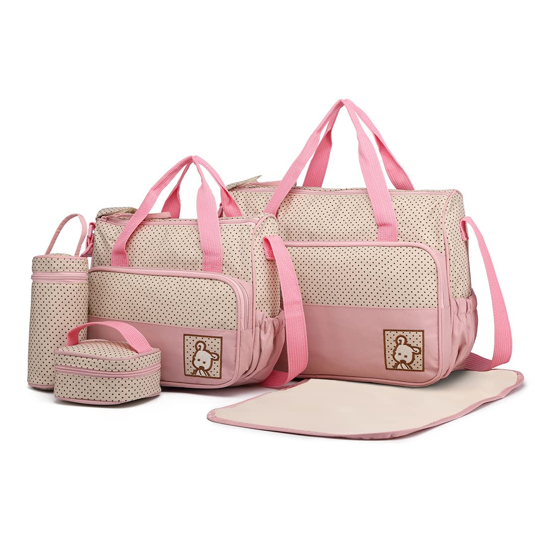 Miss Lulu 5-teiliges Baby Wickeltasche Set mit Flaschenwärmer & Wickelunterlage, Große Windeltasche als Umhängetasche & Reisetasche, Krankenhaustasche für Geburt, Mama Papa Kinderwagen (Rosa)