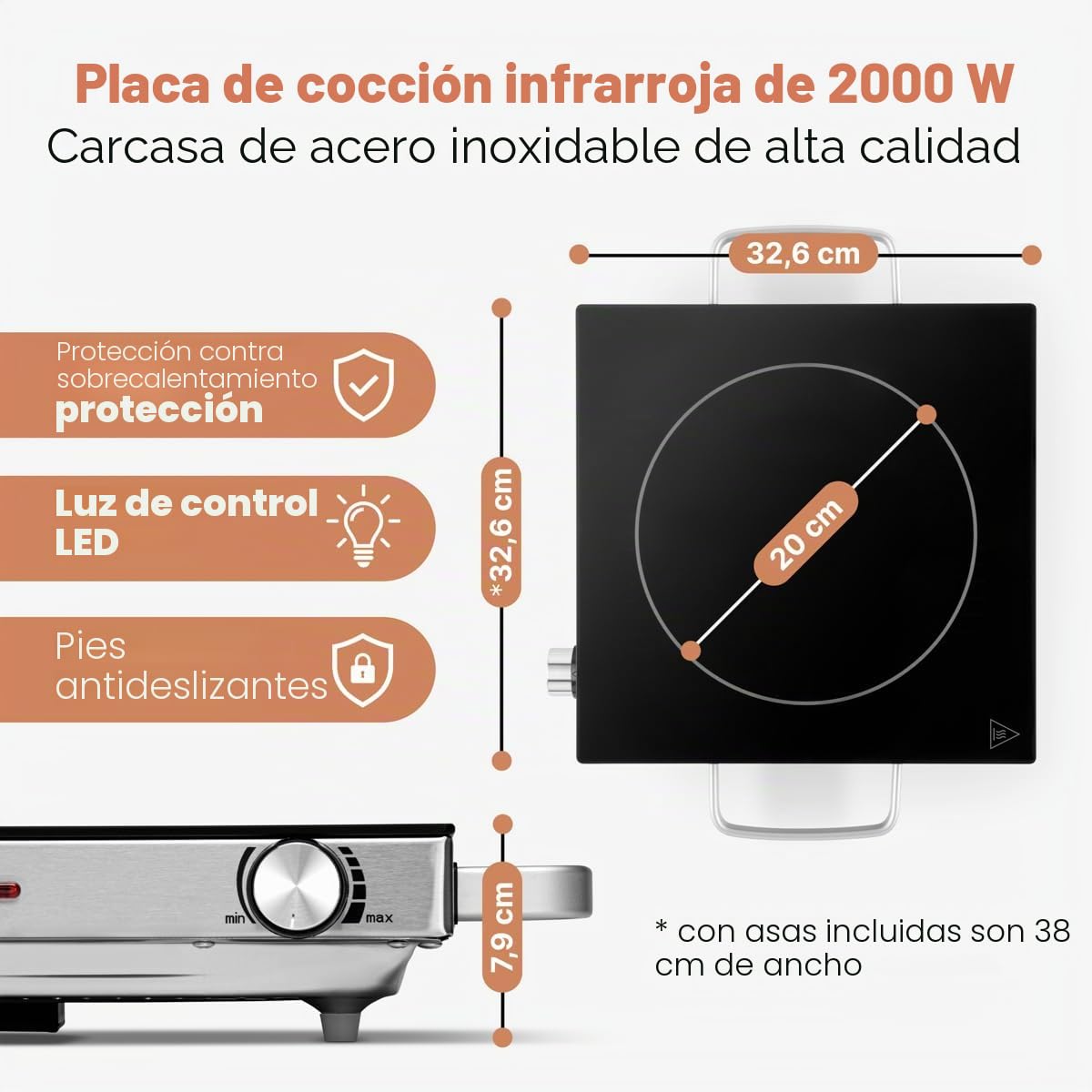 ProfiCook Placa de cocción individual por infrarrojos, apta para todo tipo de ollas, vitrocerámica, 2800 W, carcasa de acero inoxidable.