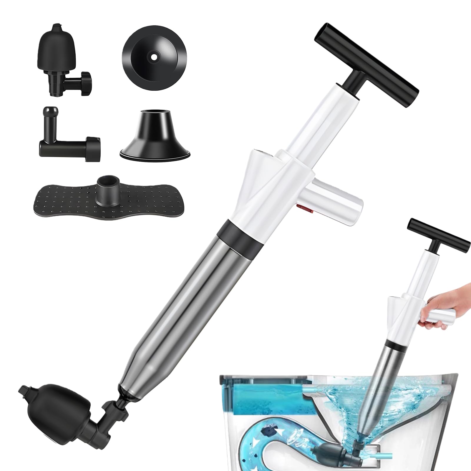 Deboucheur Toilette Avec Baromètre, Déboucheur De Canalisations À Air Comprimé, Déboucheur De Toilette À Air Comprimé pour Déboucher les Toilettes/Lavabo/Baignoire/Drain de Sol, Blanc
