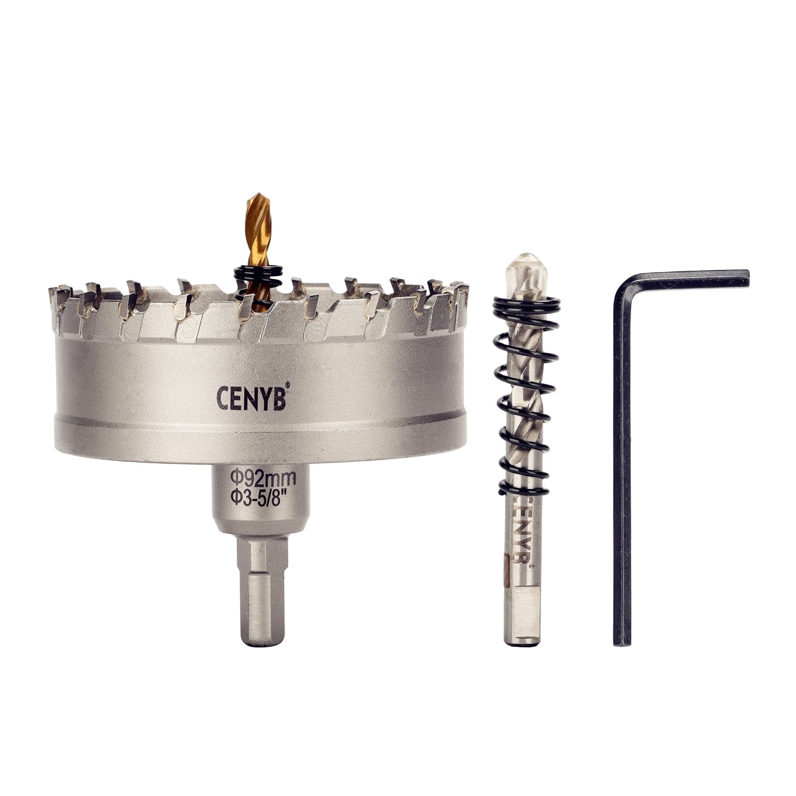 CENYB 3-5/8" (92mm) Tungsten Carbide Tipped Hole Saw with 2Pcs Titanium-Plated Pilot Drill Bits for Hard Metal,Stainless Steel,Iron,Aluminum Alloy,