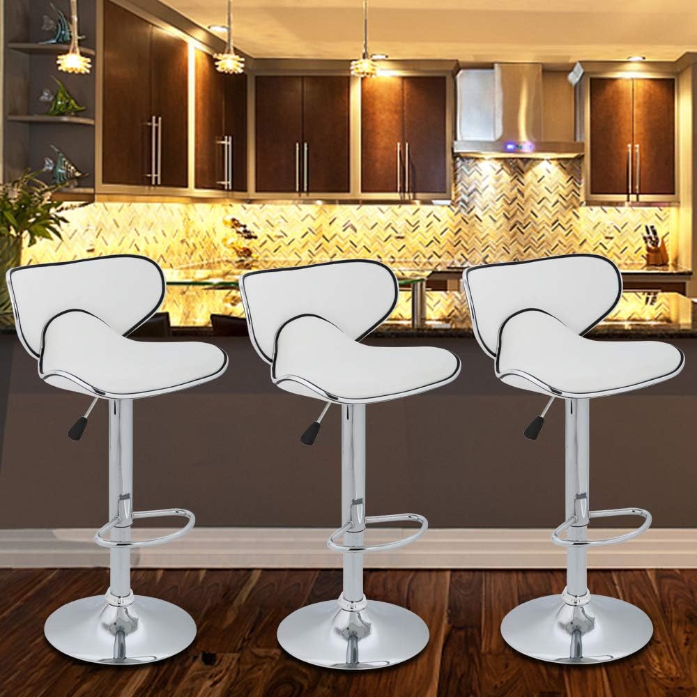 Bar Stools Counter Stools Height Adjustable Swivel Stool with Back Durable PU Leather Modern Tall Dining Chair Barstools for Kitchen Island Living Room Pub Coffee, White