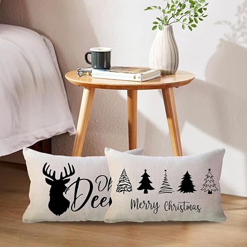 Miniatura 4 de ULOVE LOVE YOURSELF Fundas de almohada de invierno para vacaciones de invierno, ciervos de inviernoárboles de Navidad, fundas de cojín lumbar de 12