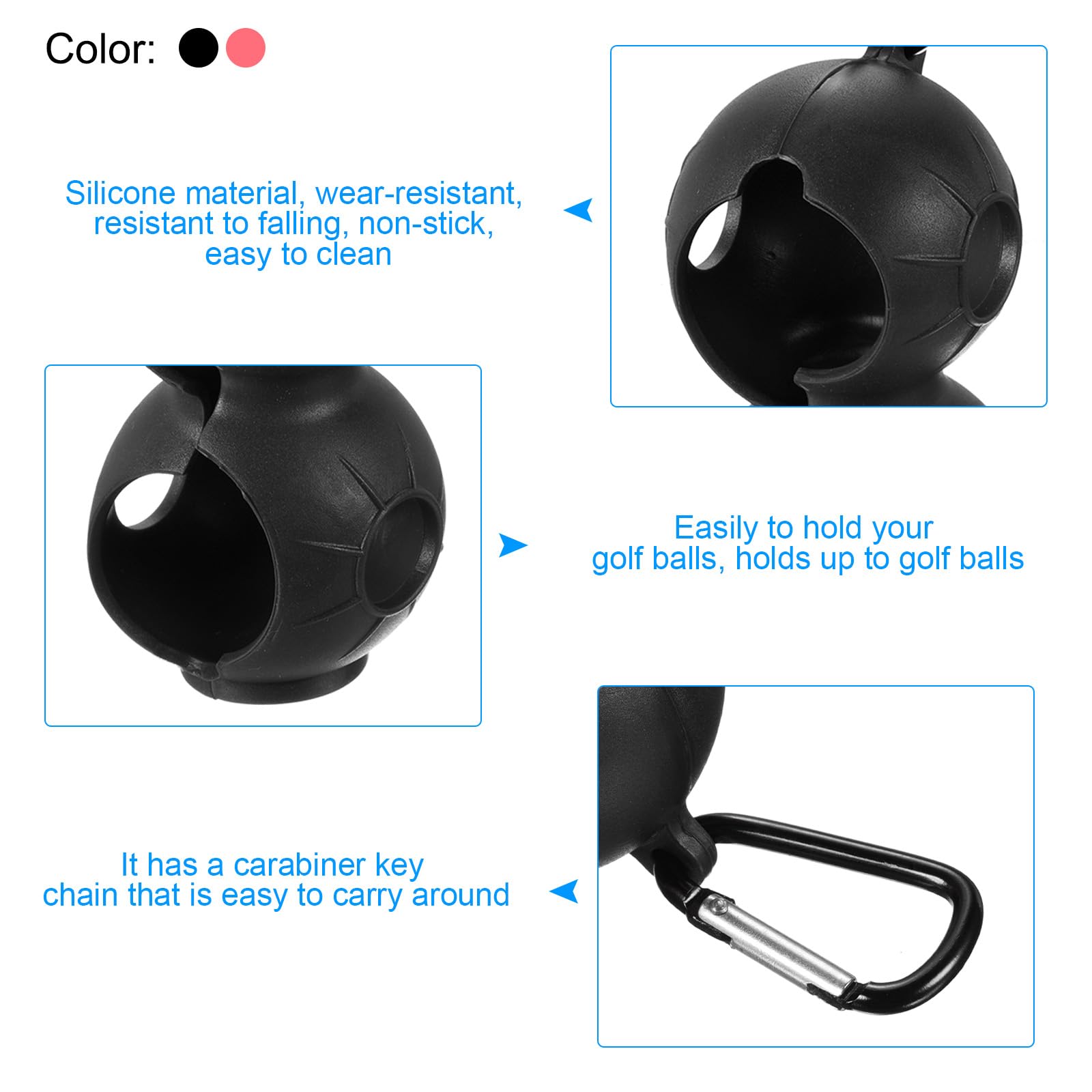 PATIKIL Golf Ball Holder, 2 Pack Silicone 2 Balls Carrier Protective Portable Sleeve with Buckle for Golf Bag Belt Black, Pink - Image 3