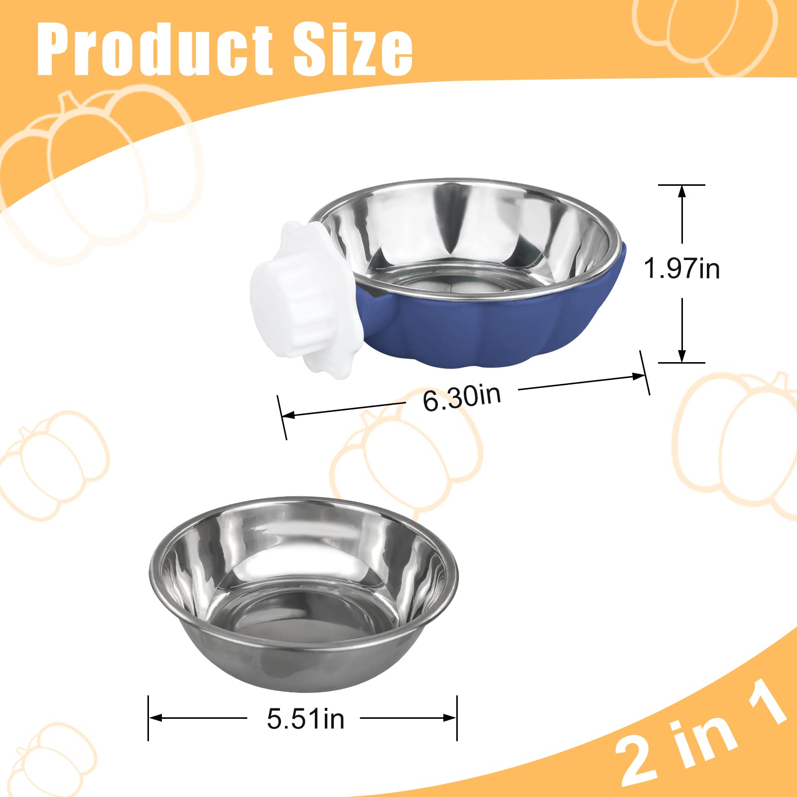 MultiValue 2-in-1 Pet Crate Bowl for Crates Cages Removable Crate Water Bowl Creative Cute Pumpkin Stainless Steel Pet Hanging Bowl Small Cage Dog Bowl for Cats Rabbits (Blue) - Image 2