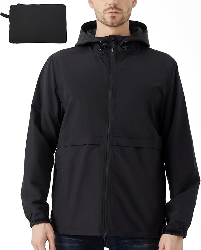 Men's Lightweight Jacket Windbreaker Packable Hooded Raincoat for Hiking Outdoor with Zippered Pocket