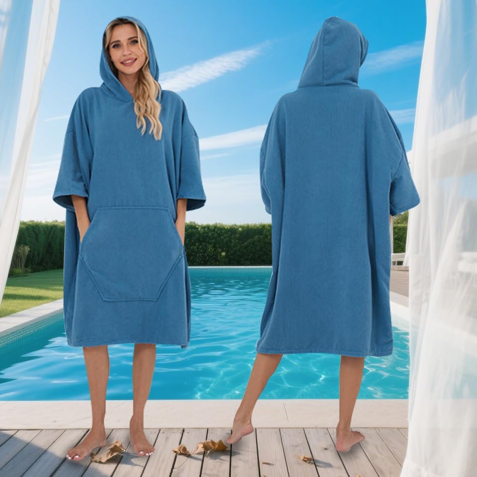 Surf Poncho Hooded Beach Towel, Quick Dry Terry Cloth, Extra Large Changing Robe with Pockets for Adults, Unisex Peacock Blue Cover-Up for Swim, Bath, Beach, Gift for Swimmer Lovers - Image 5