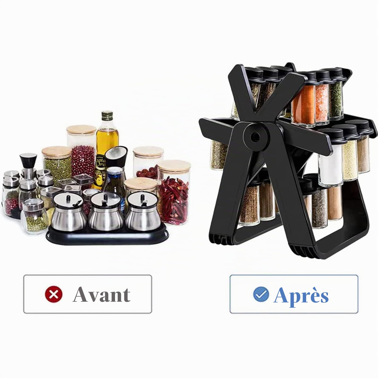 BestAlice Étagère à épices rotative avec 18 pots à épices en verre, grande roue rotative à 360 degrés, amovible, noir
