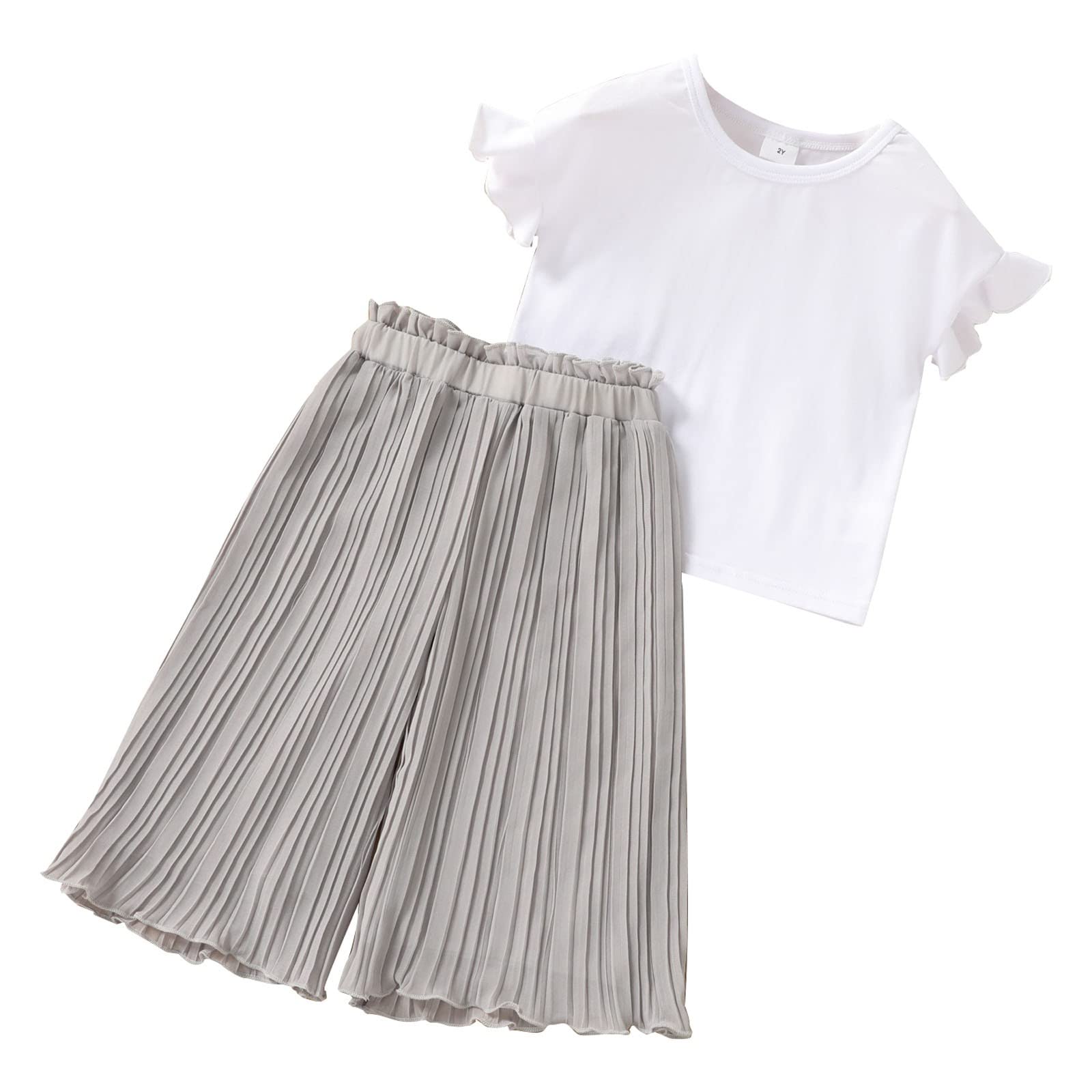 TDEOK Toddler Children Girls Clothing Sets Summer Sunflower T Shirt Tops Chiffon Ruched Loose Trousers Outfits Children's Clothing Christmas Outfit Baby Girl (ZZC-White, 4-5 Years), ZZC-White, 4-5