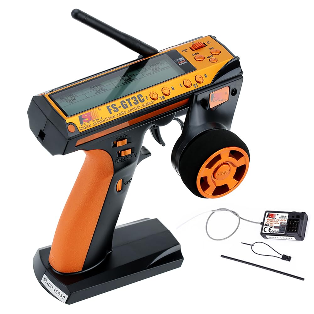 Flysky FS-GT3C RC Transmitter with FS-GR3E Receiver, 2.4GHz 3 Channel LCD Remote Controller and Receiver for RC Car Boat (Orange)