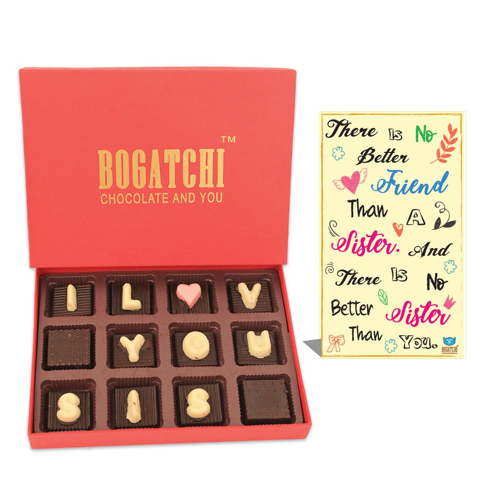 BOGATCHI Happy Rakhi Gift Box for Sister, I Love You SIS Chocolate 12pcs + Free Adorable Rakhi Greeting Card-image-28