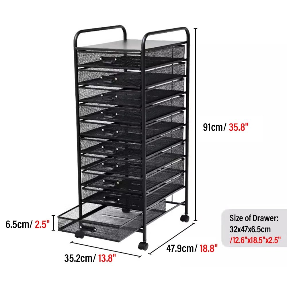 Carro de archivos rodante con 10 cajones de almacenamiento de alta capacidad, organizador de manualidades con ruedas, caja de herramientas de malla de metal para oficina/hogar (negro, 35 x 47,9 x 91