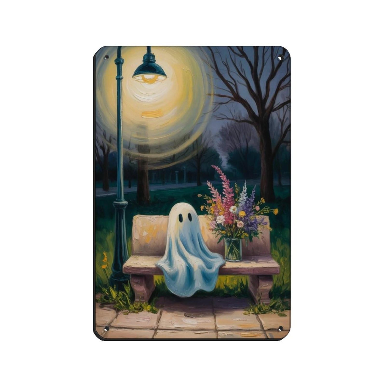Ghost with Flowers on The Bench Poster (3) Tin Sign Vintage Metal Pub Club Cafe Bar Home Wall Art Decoration Poster Retro 8x12inch(20x30cm)